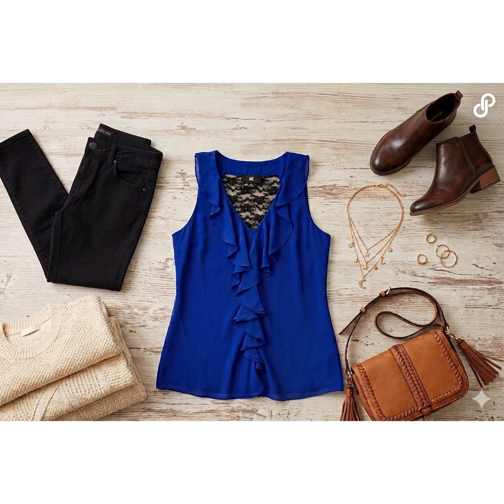 IZ BYER Juniors M Ruffle Front Royal Blue Sleeveless Blouse Lace Back Chiffon